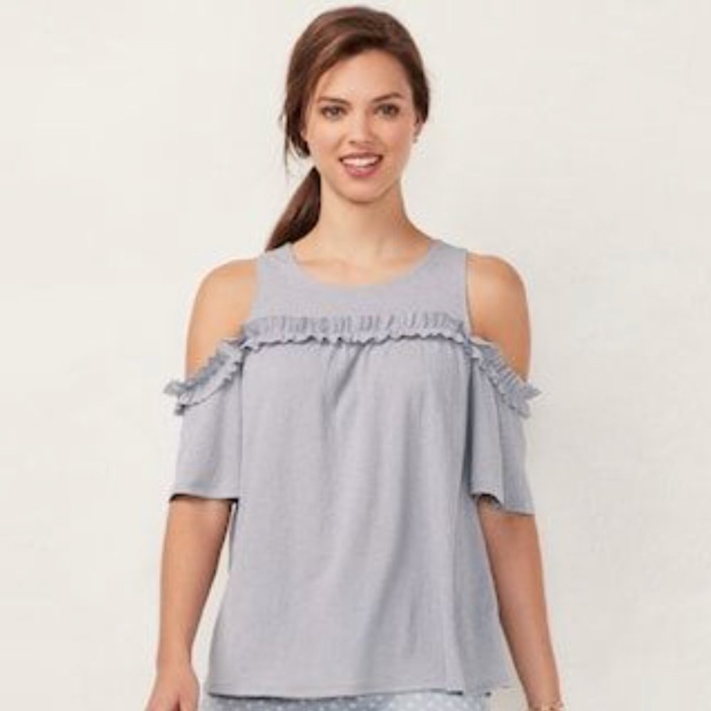 LC Lauren Conrad Gray Cold Shoulder Ruffled Blouse - Picture 2 of 8